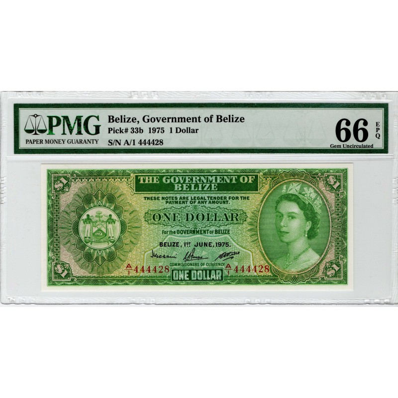 BELIZE 1975 QEII BANKNOTE 1 DOLLAR P33b PMG 66 EPQ WORLD BANKNOTES