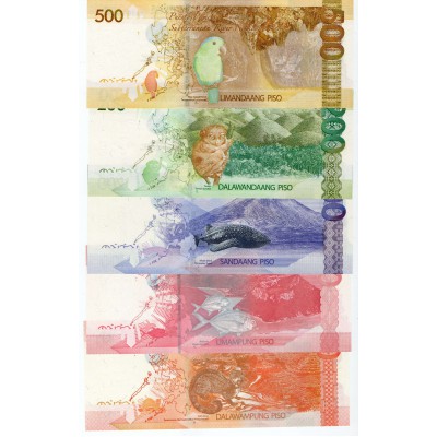 PHILIPPINES 2010 - 2015 COMPLETE ANIMAL BANKNOTE SET 500 200 100 50 20 PESO PISO 2010 - 2015 UNC