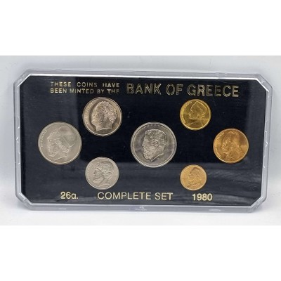 GREECE 1980 UNC COMPLETE YEAR DRACHMAS COIN SET IN CASE