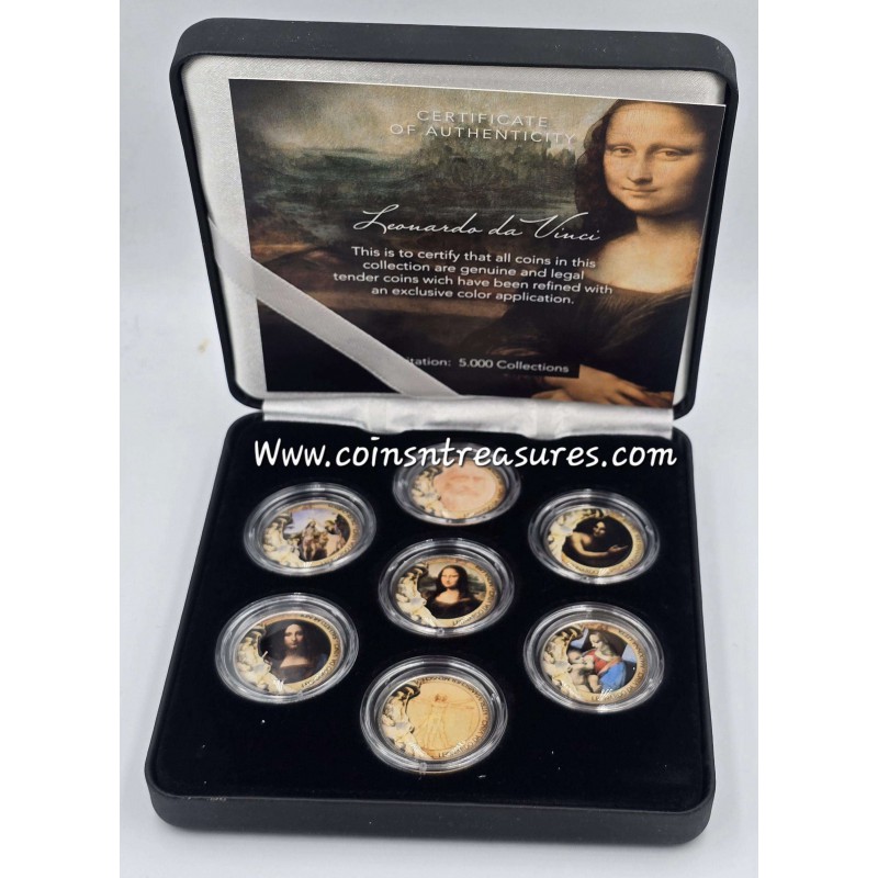 Leonardo Da Vinci - set collection of 7 colored coins WORLD COINS