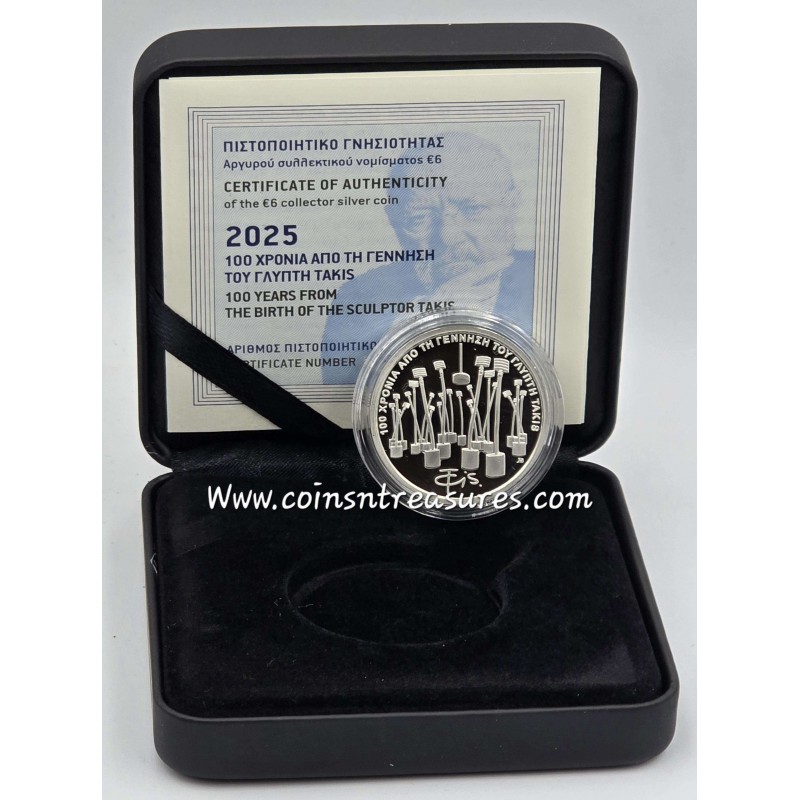 Greece 2025 100 YEARS FROM SCULPTOR TAKIS Silver 6 Euro Coin WORLD COINS