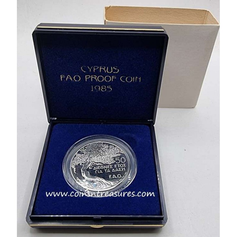 CYPRUS 1985 SILVER PROOF COIN 50 CENTS FAO SAVE THE FORESTS WORLD COINS