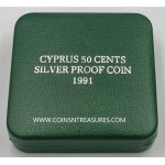 CYPRUS 1991 SILVER PROOF 50 CENTS COIN IN OFFICIAL BOX + COA WORLD COINS