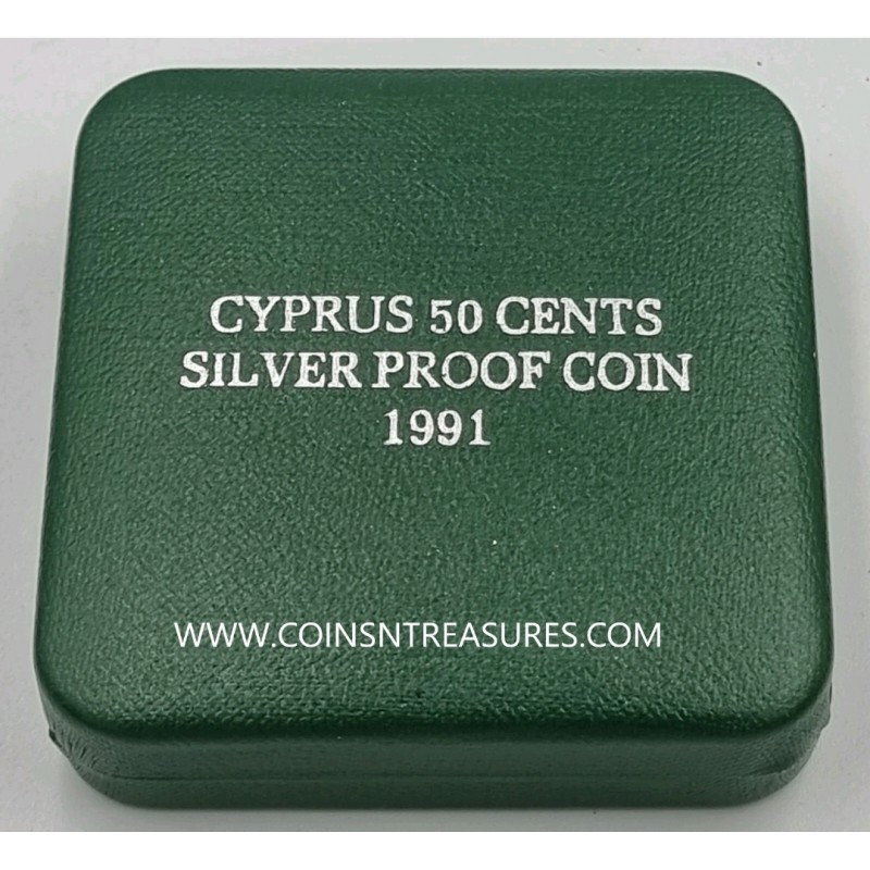 CYPRUS 1991 SILVER PROOF 50 CENTS COIN IN OFFICIAL BOX + COA WORLD COINS