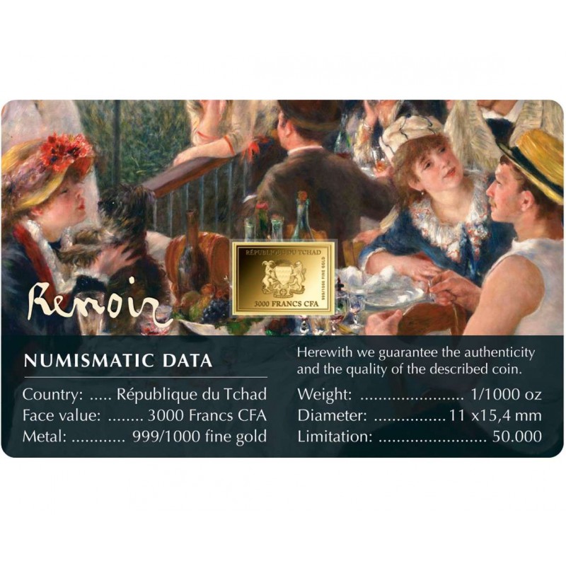 Renoir The Rowers Breakfast 1/1000 Oz Gold Coin 3000 Francs Chad 2024 GOLD AND SILVER BULLION