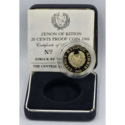 CYPRUS 1988 PROOF 20 CENT ZENON KITIEUS 1989 COIN