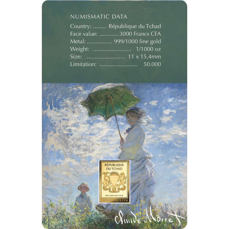 Monet Woman with Parasol 1/1000 Oz Gold Coin 3000 Francs Chad 2024 GOLD AND SILVER BULLION