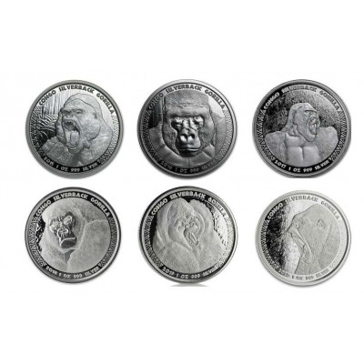 CONGO GORILLA SET OF 6 SILVER 1 OZ COINS 2015 - 2020 Scottsdale Mint