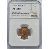 CYPRUS 3 MILS COIN 1955 GRADED NGC MS66 RD