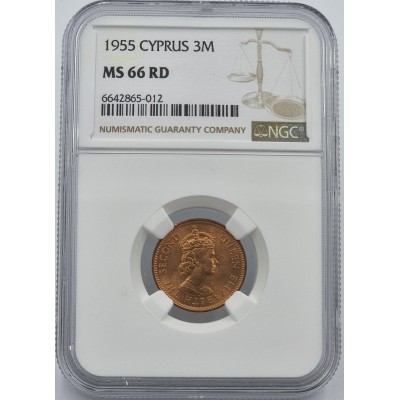 CYPRUS 3 MILS COIN 1955 GRADED NGC MS66 RD