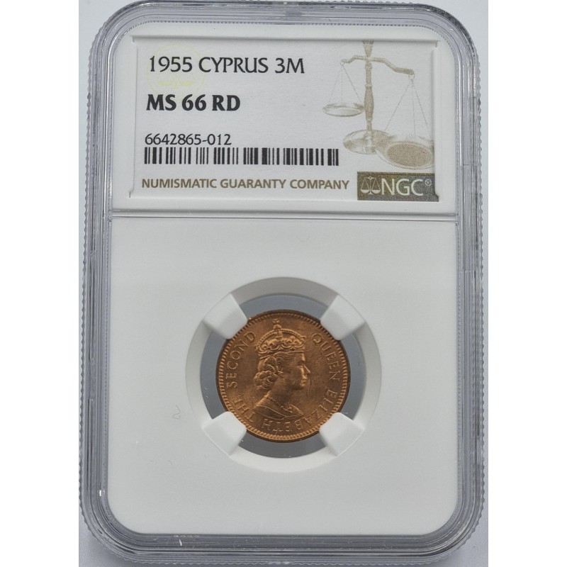 CYPRUS 3 MILS COIN 1955 GRADED NGC MS66 RD WORLD COINS