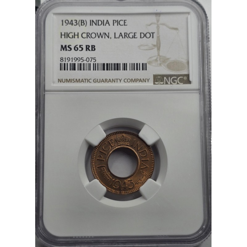 BRITISH INDIA 1 PICE COIN 1943 B KGV NGC MS65RB WORLD COINS
