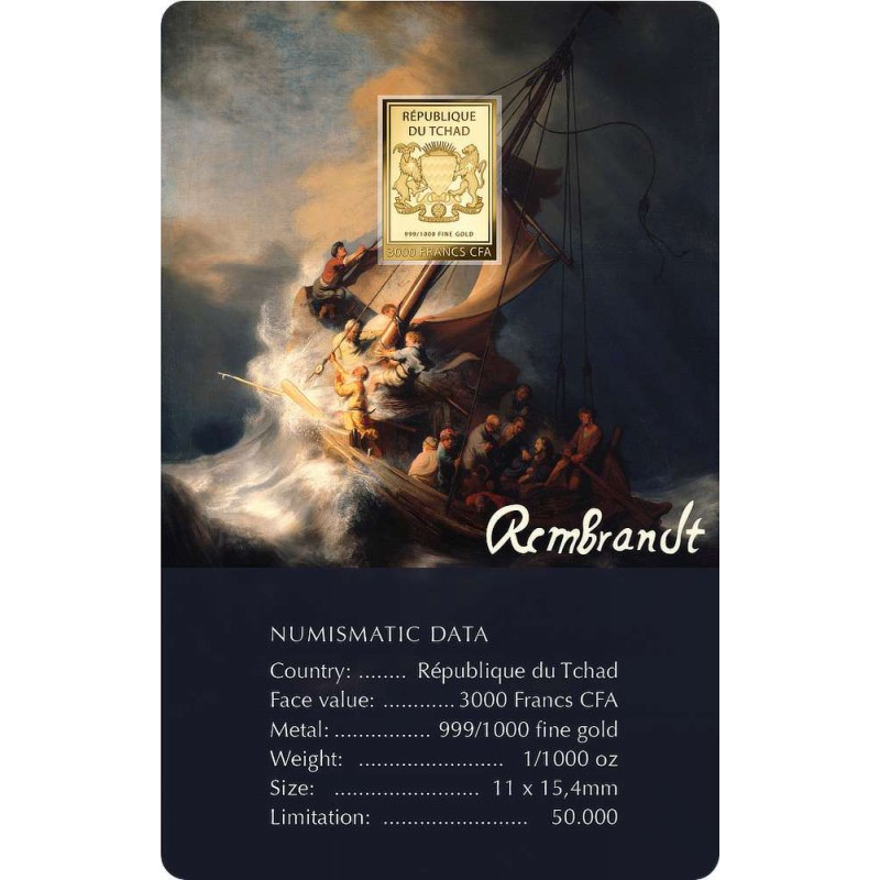 The Storm on Galilee By Rembrandt 1/1000 Oz 999 Gold Coin Bar 3000 Francs Chad GOLD AND SILVER BULLION