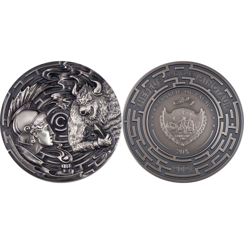 THESEUS AND MINOTAUR 3 Oz Silver Coin 20$ Palau 2021 GOLD AND SILVER BULLION