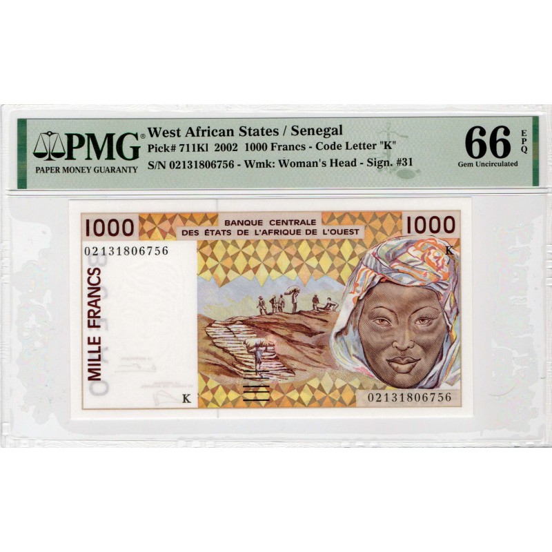 West African Senegal 1000 Francs 2002 P711KI PMG66 EPQ WORLD BANKNOTES
