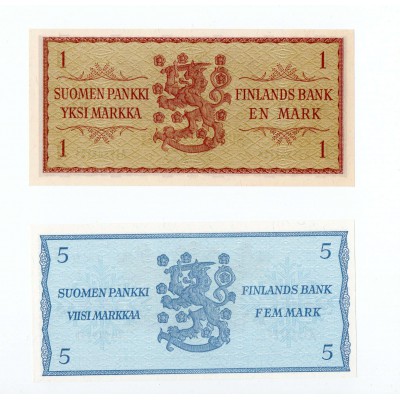 FINLAND 1 AND 5 (Z PREFIX) MARKKA 1963 UNC BANKNOTES p98 p99