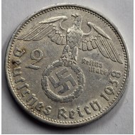 GERMANY WWII THIRD REICH 1938 SILVER 2 REICHSMARK HINENBURG