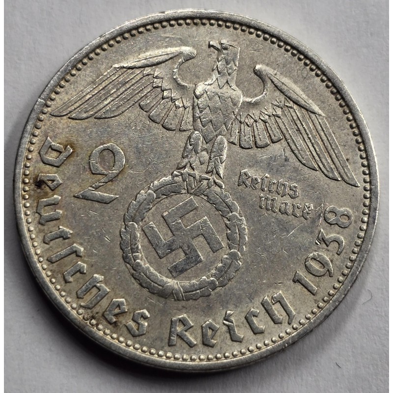 GERMANY WWII THIRD REICH 1938 SILVER 2 REICHSMARK HINENBURG WORLD COINS