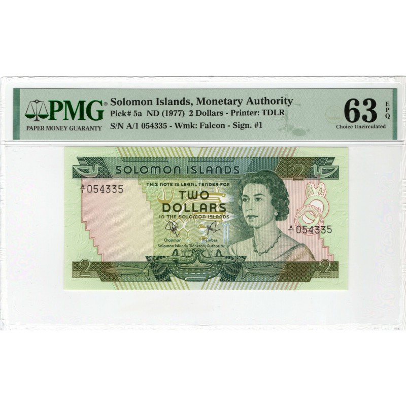 SOLOMON ISLANDS 2 5 10 DOLLARS 1977 - 1979 BANKNOTE SET MATCHING SERIAL NUMBERS QEII GRADED PMG WORLD BANKNOTES