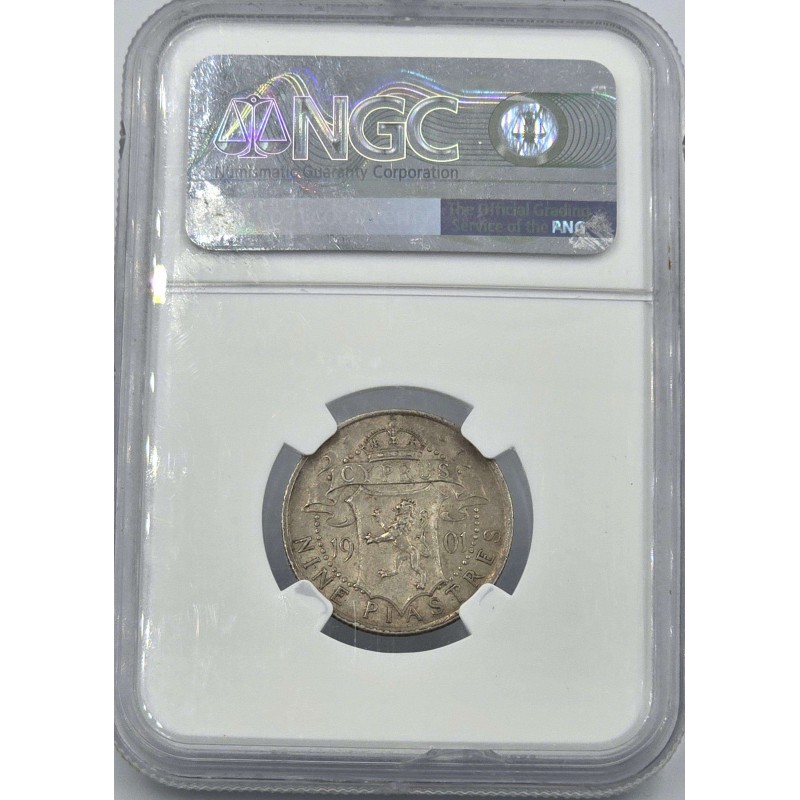 CYPRUS 9 PIASTRE SILVER COIN QUEEN VICTORIA 1901 NGC AU58 WORLD COINS