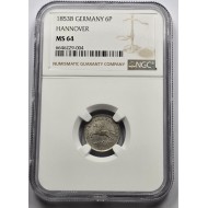 GERMANY 1853 B COIN 6 PFENNING HANNOVER NGC MS64