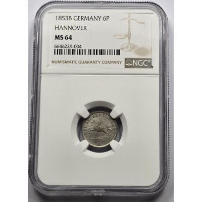 GERMANY 1853 B COIN 6 PFENNING HANNOVER NGC MS64