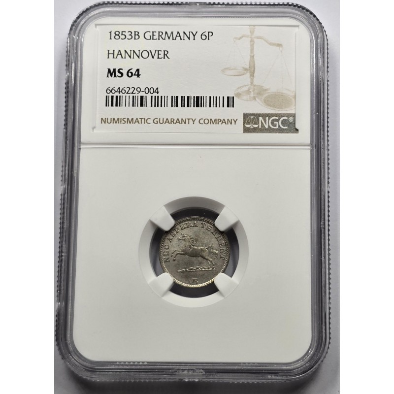 GERMANY 1853 B COIN 6 PFENNING HANNOVER NGC MS64 WORLD COINS