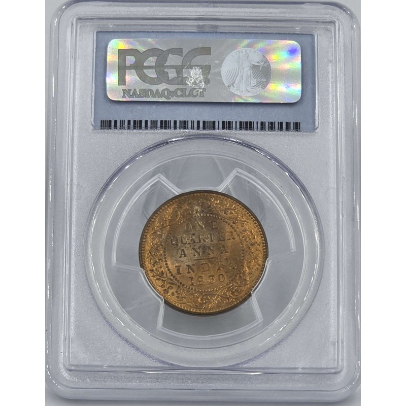 BRITISH INDIA 1/4 ANNA COIN 1930 B KGV PCGS MS64 RD WORLD COINS