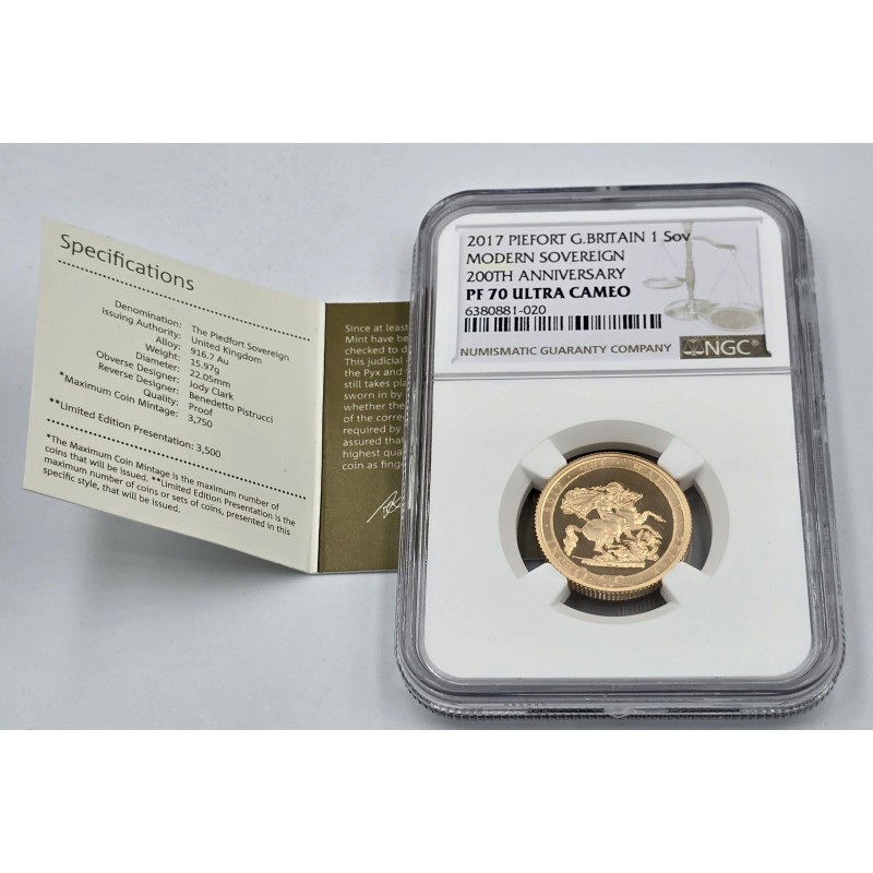 UK 2017 Piedfort 200th anniversary Gold Sovereign NGC PF70 UC WORLD COINS
