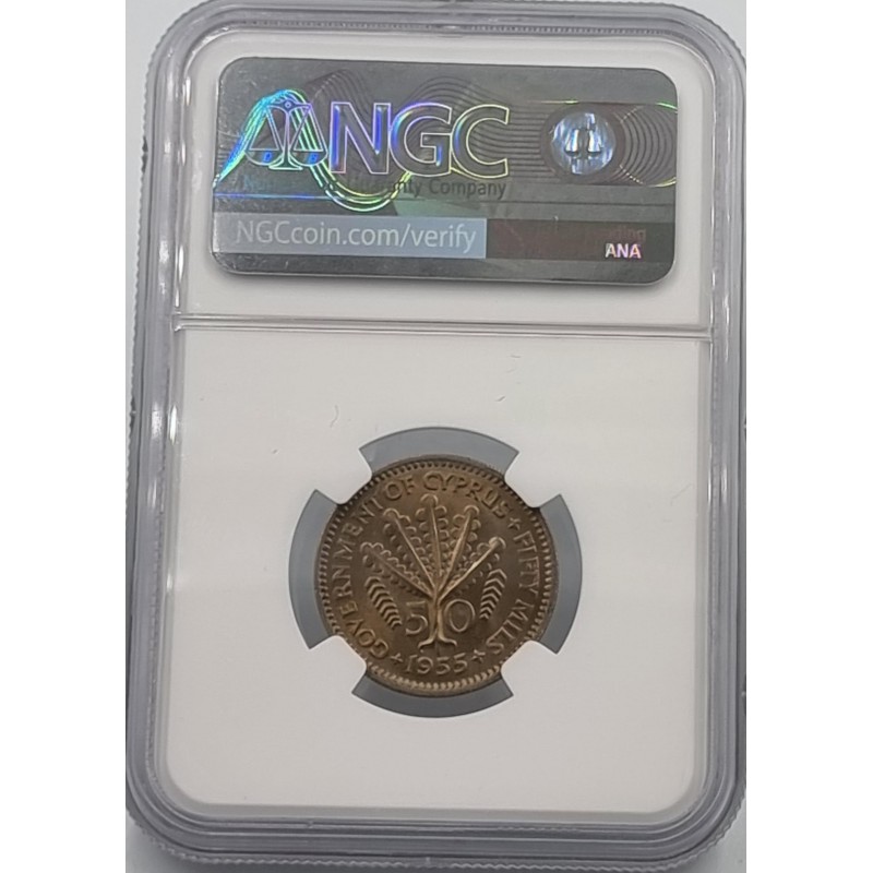 CYPRUS 50 MILS COIN 1955 UNC NGC MS67 POP1 WORLD COINS