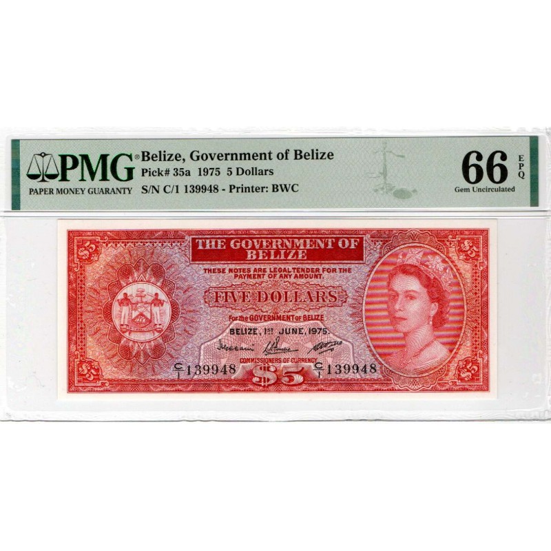 BELIZE 1975 QEII BANKNOTE 5 DOLLARS P35a GEM UNC PMG 66 EPQ WORLD BANKNOTES