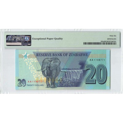 Zimbabwe 2020 Elephant P-104a PMG Gem UNC 66 EPQ 20 Dollars banknote