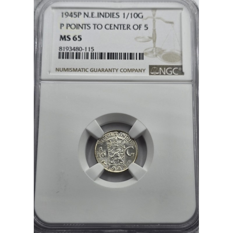 NETHERLANDS 1945 P COIN EAST INDIES 1/10 GULDEN NGC MS65 WORLD COINS