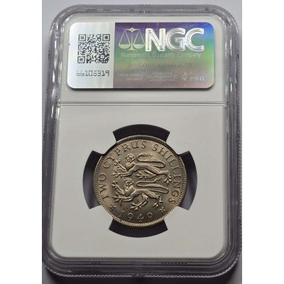 CYPRUS 2 SHILLINGS COIN 1949 TOP UNC KGVI NGC MS64