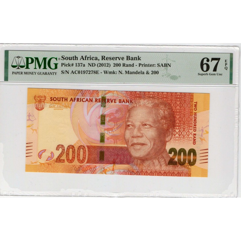 South Africa 200 Rand 2012 Banknote P137a PMG 67 EPQ LEOPARD WORLD BANKNOTES