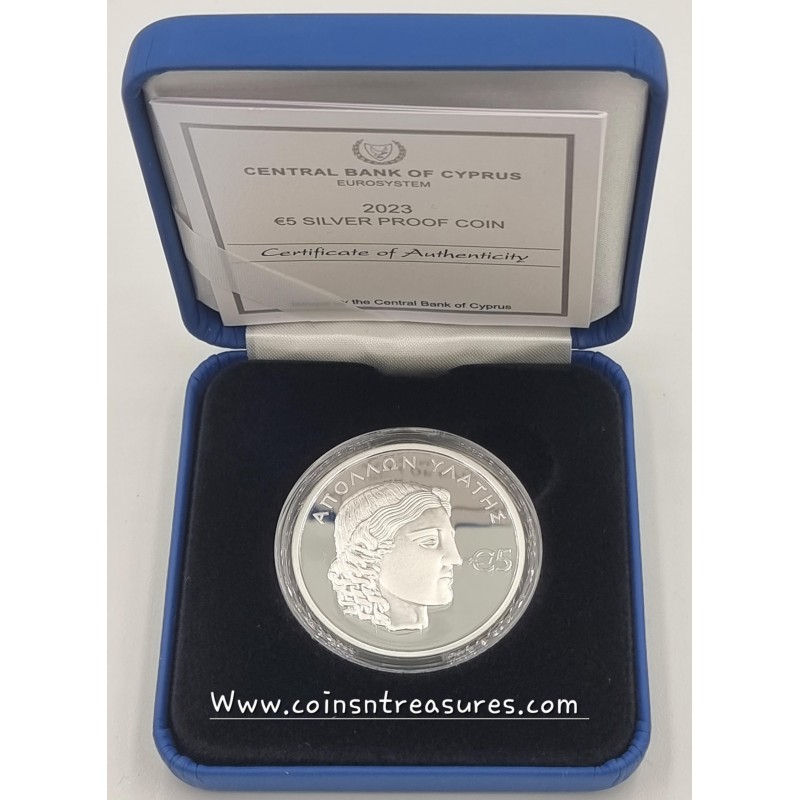 CYPRUS 2023 SILVER PROOF 5 EURO COIN GOD APOLLON HYLATES WORLD COINS