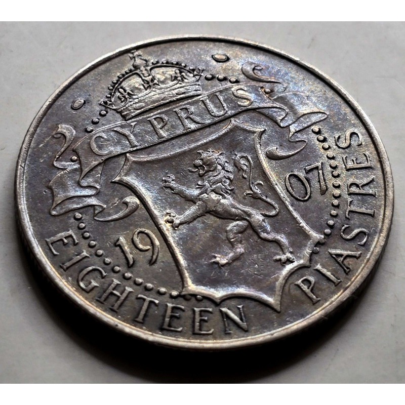 CYPRUS SILVER 18 PIASTRES 1907 KING EDWARD COIN AU+ WORLD COINS