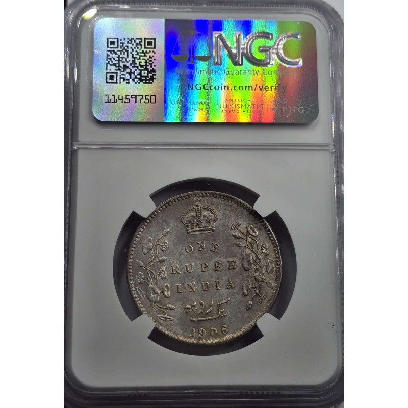 British India Silver 1 rupee 1906 C King Edward NGC MS61 WORLD COINS