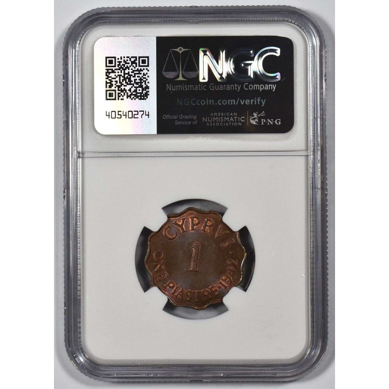 CYPRUS 1 PIASTRE 1942 COIN OF KGVI NGC MS63BN RARE WORLD COINS