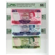 SOLOMON ISLANDS 2 5 10 DOLLARS 1977 - 1979 BANKNOTE SET MATCHING SERIAL NUMBERS QEII GRADED PMG