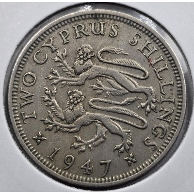 CYPRUS TWO SHILLINGS COIN 1947 KGVI EXF