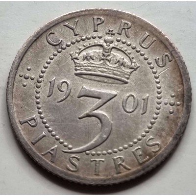 CYPRUS 3 SILVER PIASTRE 1901 QUEEN VICTORIA RARE AU