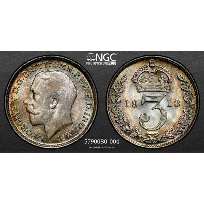 UK GREAT BRITAIN SILVER 3 PENCE 1913 NGC MS 67 POP 1