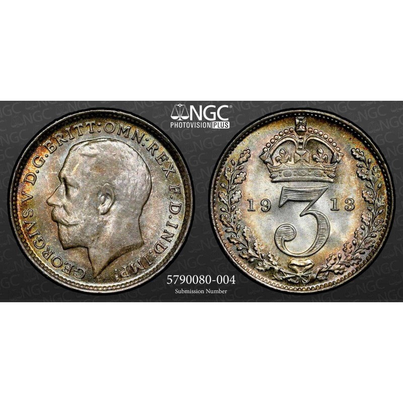 UK GREAT BRITAIN SILVER 3 PENCE 1913 NGC MS 67 POP 1 WORLD COINS