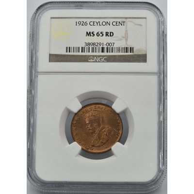 Ceylon Cent 1926 KGV Red UNC coin NGC MS65 RD