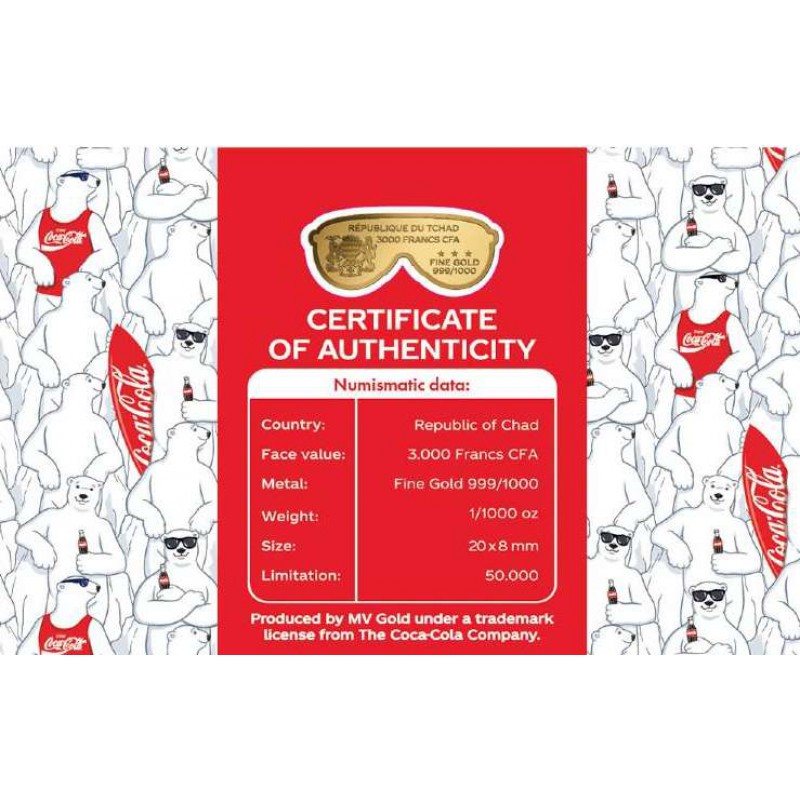 Coca Cola Sunglasses 1/1000 Oz .999 Gold in Coin card 2023 GOLD AND SILVER BULLION