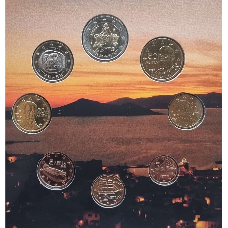 GREECE 2021 COMPLETE YEAR EURO SET IN COIN BLISTER NAXOS WORLD COINS
