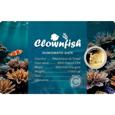 CLOWNFISH 1/1000 Oz Gold coin 3000 Francs Chad 2024