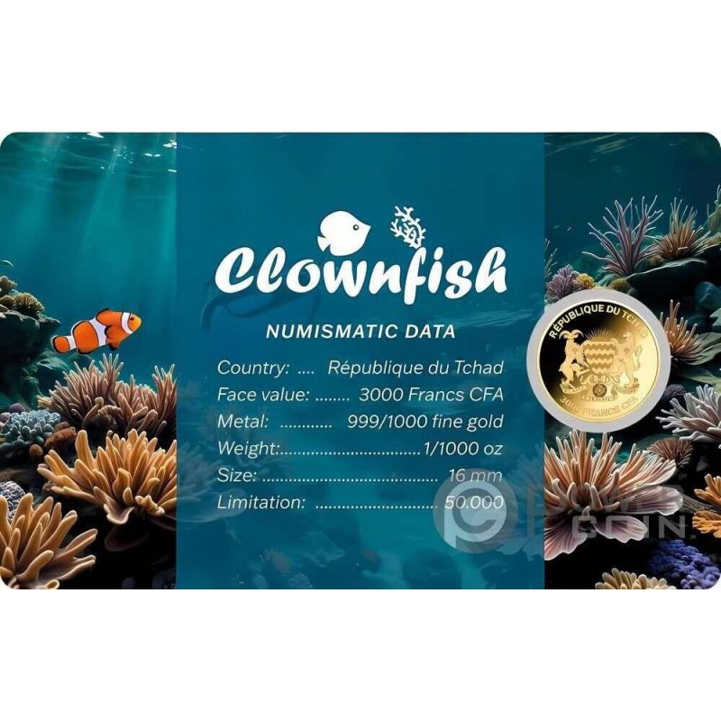 CLOWNFISH 1/1000 Oz Gold coin 3000 Francs Chad 2024 GOLD AND SILVER BULLION