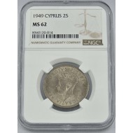 CYPRUS 2 SHILLINGS COIN 1949 UNC KGVI NGC MS62